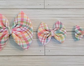 Rainbow Plaid Hair Bow | Easter Hair Bow | Newborn Headwraps | Baby Nylon Bows | Handmade Baby Bows | Newborn Gift | Bullet Fabric Bow