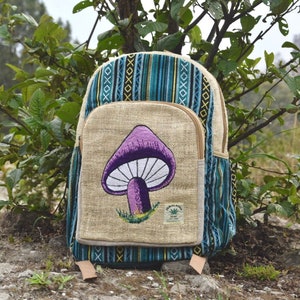 Hemp Bag for Men Women, Mushroom Printed Hemp Backpack Large Green Natural Hemp Fashionable Nepali Unisex Handmade Organic Eco-Friendly