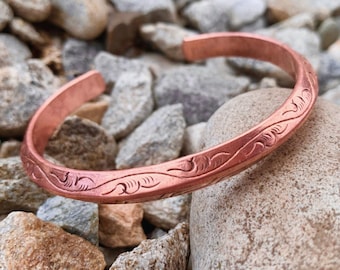 Carved Copper Bracelet Engraved, Copper Anniversary Gift for Men Women Wife, Tibetan Healing Bracelet for Health Copper Bangle Handmade Gift