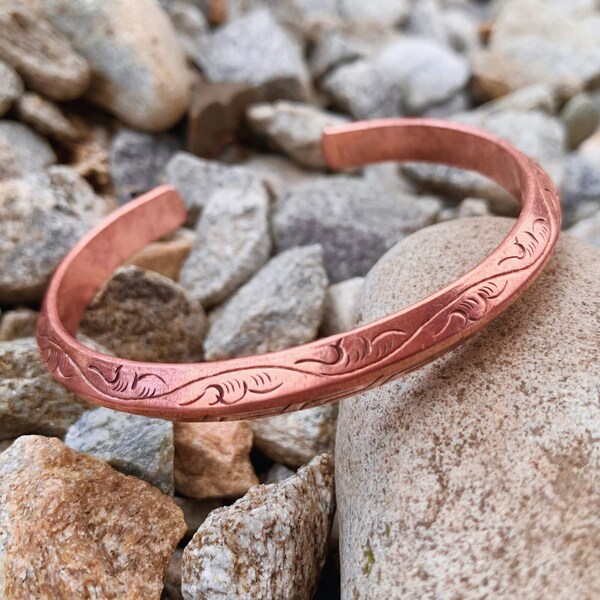 Carved Copper Bracelet Engraved, Copper Anniversary Gift for Men Women Wife, Tibetan Healing Bracelet for Health Copper Bangle Handmade Gift