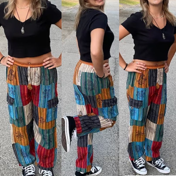 Pantalon patchwork bohème hippie pantalon patchwork d'été pour femme vêtements sarouel en coton bio pantalons d'été pantalons de yoga