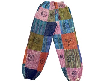 Himalayan Patchwork Hippie Pants with Pockets and Elastic Waist Summer Pants Handmade Organic Cotton Harem Trousers Unisex Boho Cotton Pants
