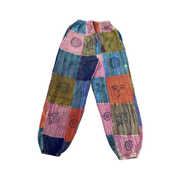 Pantalon hippie en patchwork de l'Himalaya avec poches et taille élastique Pantalon d'été Sarouel en coton biologique fait main Pantalon unisexe en coton bohème