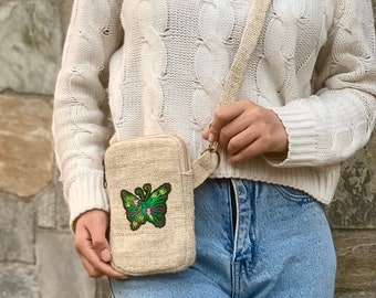 Pure Hemp Cell Phone Purse Crossbody Bag, Travel Bag, Mini Crossbody Purses with Adjustable Shoulder Strap, Birthday Gift Handmade in Nepal