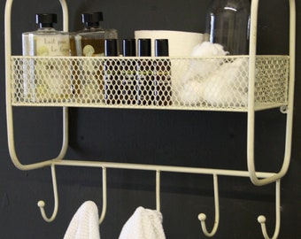 Industrial Cream Wall Shelf - Mesh Basket Storage Shelf - With 5 Hooks - Bathroom / Kitchen / Utility / Salon / Entryway