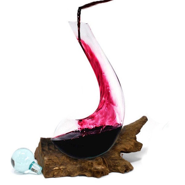 Carafe à vin - verre fondu sur bois - porte-bouteilles - pichet à vin élégant