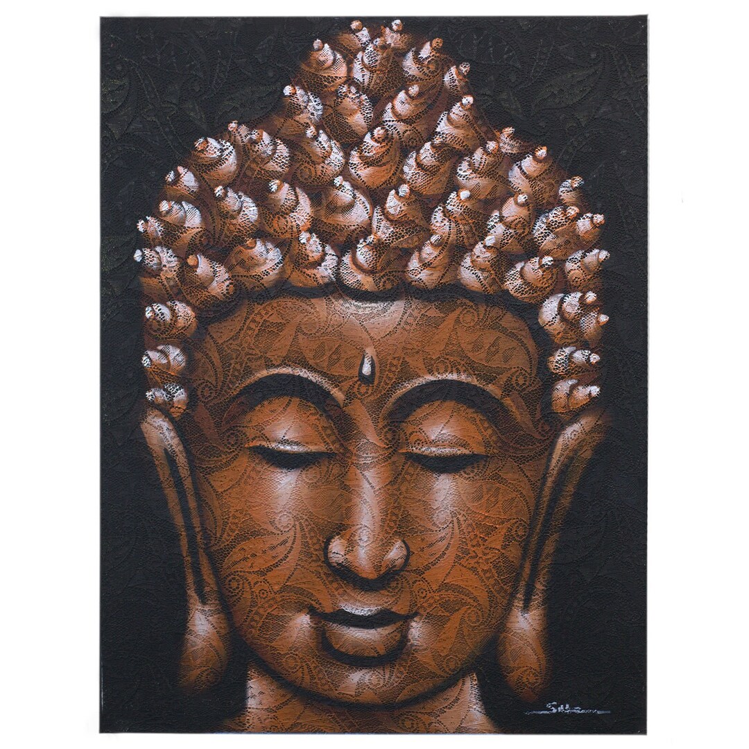 Buddha Canvas Painting Intricate Design Black With Copper Brocade