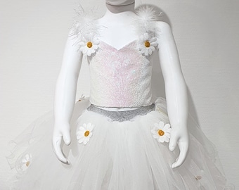 Daisy White Flower Girl Dress , birthday dress, white girl party dress for age 4- 9 , girls dress for special occasions, photoshoot dress