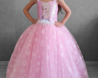 Toddler and Kids Pink Party Dress – Puffy Snowflake Gown for Special Occasions Elegant Pink Girl’s Dress Elsa Frozen inspired birthday dress