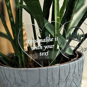 May include: A houseplant in a grey textured pot, with two clear acrylic plant markers. One heart-shaped marker reads "Personalise it with your text." The other is round with a forest silhouette and text.