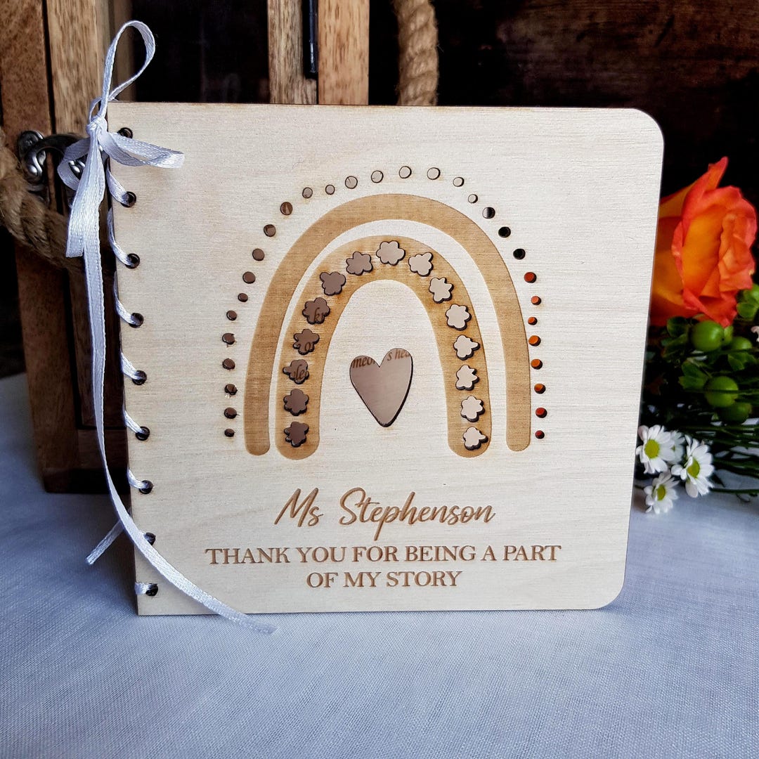 Teacher Thank You Card Personalised Wooden Gift Rainbow Keepsake End of ...