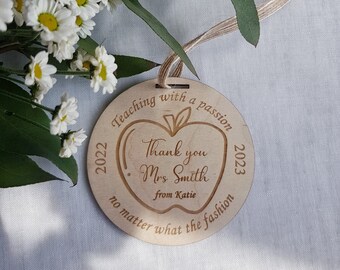 Personalised thank your teacher wooden pendant, hanging keepsake, teacher appreciation gift, end of school medal