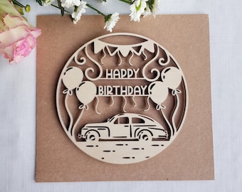 Unique Vintage Car Wooden Card: Birthday Greetings with Balloons