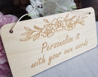 Personalised Rustic Wooden Plaque - Floral Wreath Design - Laser Engraved - Perfect for Bedroom Doors, Offices & More