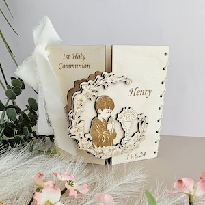 Carte de première communion personnalisée, cadeau fait main pour garçon, petit-fils filleul, neveu, frère, souvenir religieux en bois