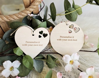 Personalised Wooden Gift Tag Heart Round - Customisable Plaque - Hanging Decoration - Doors Car Mirror Charm Keepsake Ornament Wine Bottle