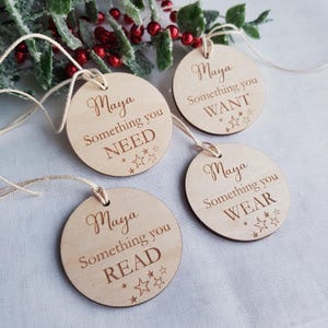 Personalised Rustic Want, Wear, Need, Read Christmas Present Tags - Upgrade Your Gift Wrapping Game with these Xmas labels