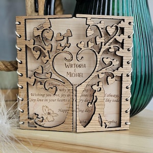 Biglietto di nozze personalizzato in legno - Ricordo rustico per anniversario - Albero dell'amore di coppia