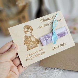 Erste heilige Kommunion Geschenk - Geld Brieftasche Karte - Personalisiertes Holz Andenken - Gutschein Halter - Taufe - Konfirmation Geschenk