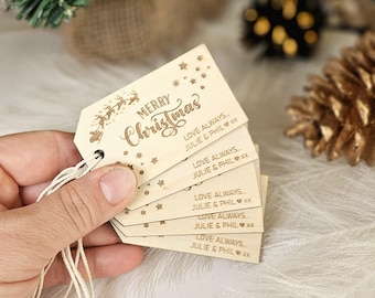 Personalised Christmas Gift Tags Wooden Present Labels with Santa Sleigh Custom Message Keepsake