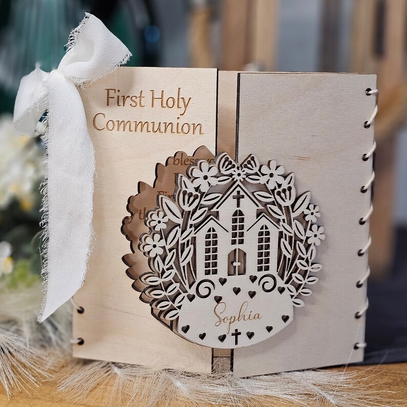 Personalised First Holy Communion Card Church Design, Rustic Wooden Keepsake, Custom message gift card, Pierwsza Komunia Swieta image 7