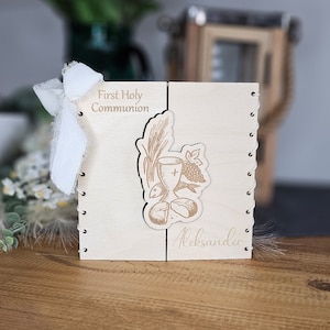 Gepersonaliseerde eerste communiekaart, rustieke 3D houten eerste communie aandenken, cadeaukaart op maat gemaakte wensen