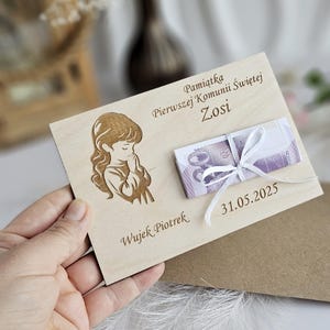 Presente de Primeira Comunhão - Cartão de Carteira de Dinheiro - Lembrança de Madeira Personalizada - Porta-Vale - Batismo - Presente de Confirmação