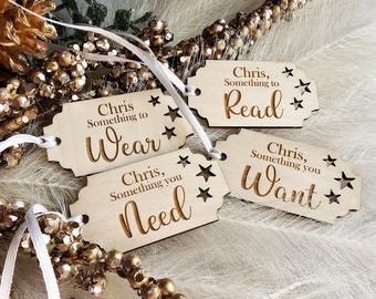 Personalised Want Wear Need Read Christmas Gift Tags, Reusable Wooden Present Tags