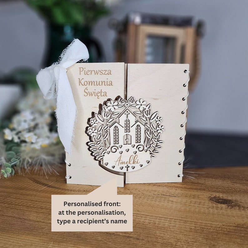 Personalised First Holy Communion Card Church Design, Rustic Wooden Keepsake, Custom message gift card, Pierwsza Komunia Swieta image 3