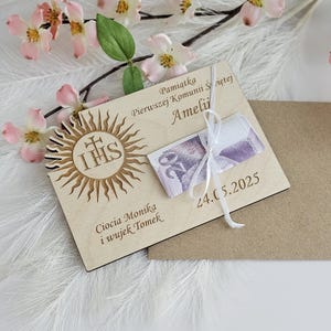 Cadeau eerste communie - Geld portemonneekaart - Gepersonaliseerde houten aandenken - Waardebonhouder - Doop - Bevestigingscadeau - IHS