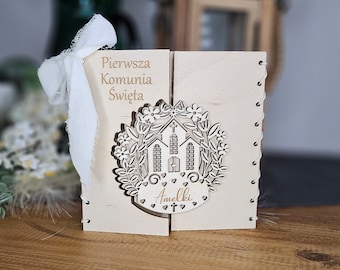 Personalised First Holy Communion Card Church Design, Rustic Wooden Keepsake, Custom message gift card, Pierwsza Komunia Swieta