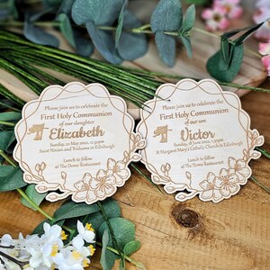 Faire-part en bois personnalisé pour la première communion - Couronne de fleurs rustique - Faire-part de confirmation de baptême baptême, Zaproszenie na Komunie
