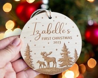 Personalised Baby's First Christmas Tree Bauble - Round Wooden Ornament with Christmas Forest and Winter Moose design