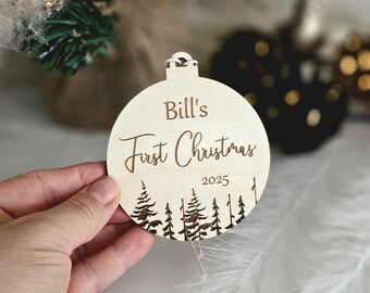 Baby First Christmas Bauble, Personalised Wooden Woodland Ornament, Newborn Keepsake Gift