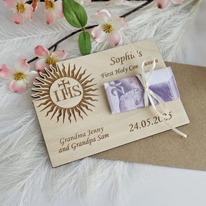 Erste heilige Kommunion Geschenk - Geld Brieftasche Karte - Personalisiertes Holz Andenken - Gutschein Halter - Taufe - Konfirmation Geschenk - IHS