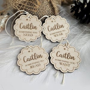 Personalised 4 Gift Rule Christmas Tags - Wooden Gift Wrapping Labels - Something You Want, Need