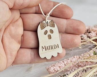 Personalised Halloween Basket Tag Wooden Ghost Name Tag for Kids Trick or Treat Keepsake