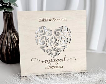 Personalised Wooden Engagement Heart Card Keepsake Gift for Couples Wedding Anniversary Decor
