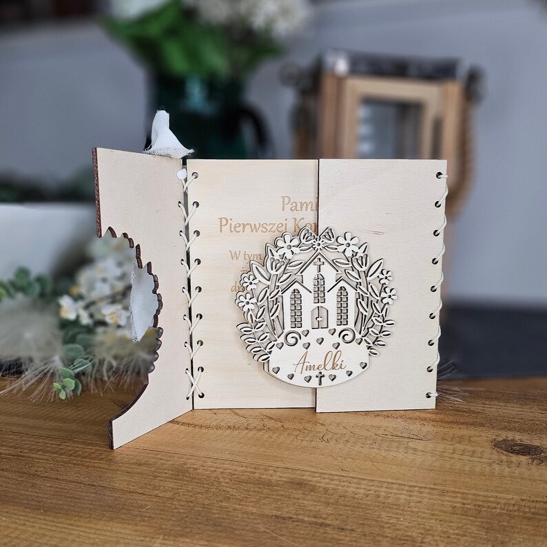Personalised First Holy Communion Card Church Design, Rustic Wooden Keepsake, Custom message gift card, Pierwsza Komunia Swieta image 5