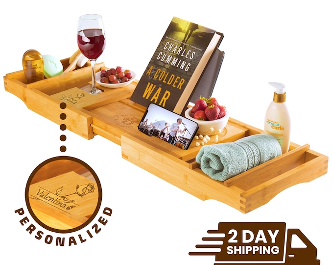 Engraved Bathtub Caddy Tray - Personalized Mother's Day Gift - Bamboo Bath Tray - Book/iPad Stand, Phone Holder & Wine Glass Slot, Best Gift