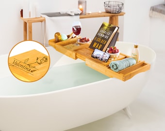 Bathtub Caddy Tray - Customized Bamboo Bath Tray - Book/iPad Stand, Phone Holder and Wine Glass Slot - Wedding Gift - Mother's Day Gift