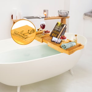 Personalized Bathtub Caddy Tray, Engraved Mother's Day Gift, Bamboo Bath Tray, Book/iPad Stand, Phone Holder & Wine Glass Slot, Gift for her