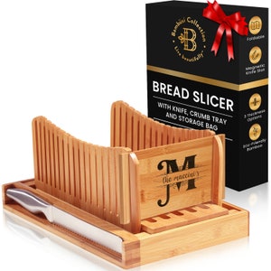 Foldable Bamboo Bread Slicer - Personalized Bread Slicer with Knife - 3 Thickness Options - Stainless Steel Knife - Mother's Day Gift