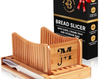 Foldable Bamboo Bread Slicer - Personalized Bread Slicer with Knife - 3 Thickness Options - Stainless Steel Knife - Mother's Day Gift