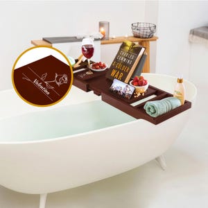 Personalized Bathtub Tray – Engraved Bamboo Bath Caddy with Wine Holder, Christmas Spa Gifts