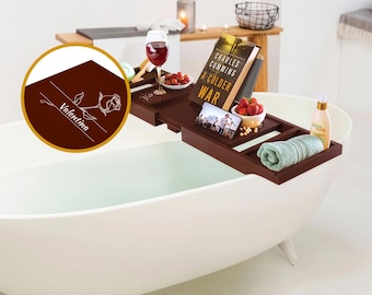 Personalized Bathtub Tray – Engraved Bamboo Bath Caddy with Wine Holder, Christmas Spa Gifts
