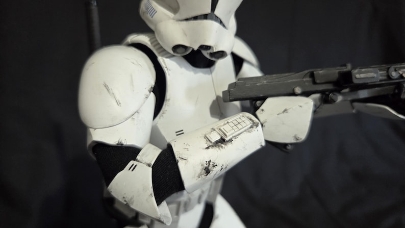 May include: A white and black Stormtrooper armor costume with a blaster rifle. The costume has visible wear and tear, suggesting a battle-worn appearance. The helmet and armor plates are detailed.