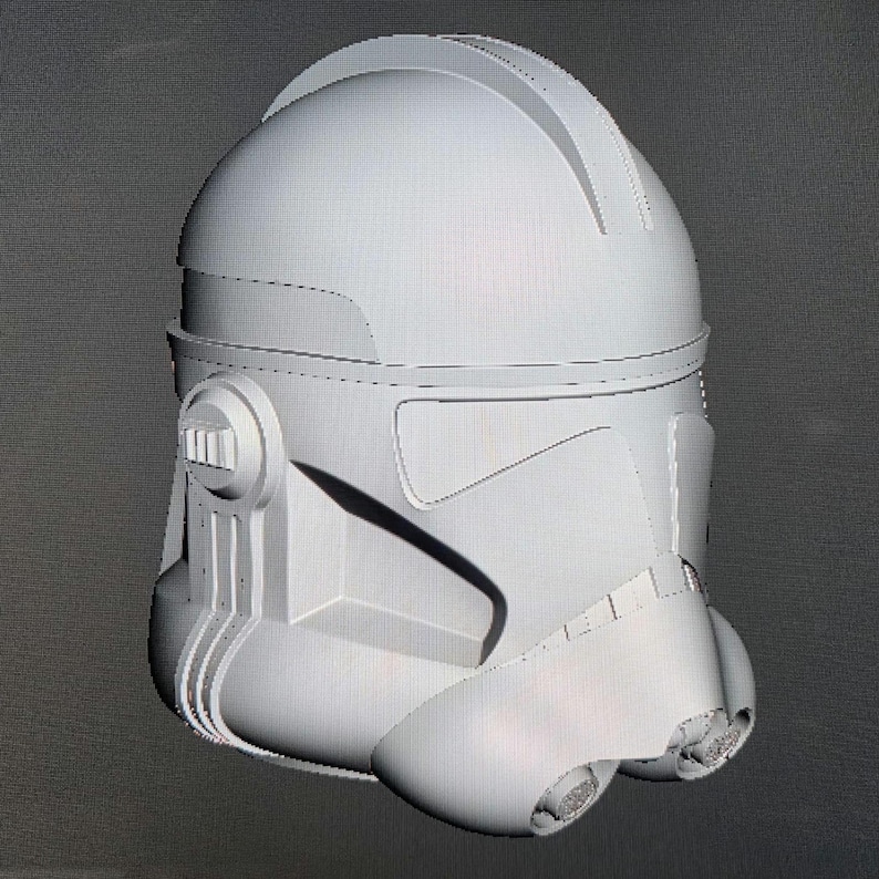 May include: A light gray, detailed helmet, likely for cosplay or display. The helmet features a rounded top with a central ridge, side panels, and a chin area with two nozzle-like protrusions. The design suggests a futuristic or science fiction theme.