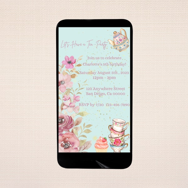 Digital Let's Have a Tea-Party Invitation | Birthday Invitation | Editable Canva Template | Instant Download | Email Text Evite Print