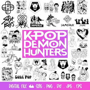 May include: A collection of black and white digital art designs, including text and illustrations. The designs feature the words "KPOP DEMON HUNTERS", "SajaBoys", and "Soda Pop". Other designs include stylized figures and graphic elements.